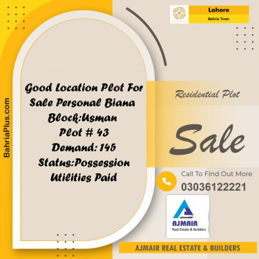 Residential Plot for Sale in Sector B - Usman Block -  Bahria Town, Lahore - (BP-168837)