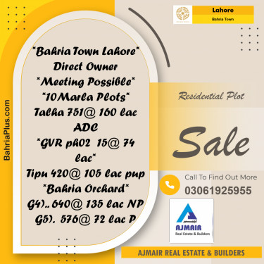 Residential Plot for Sale in Sector F - Talha Block -  Bahria Town, Lahore - (BP-168838)