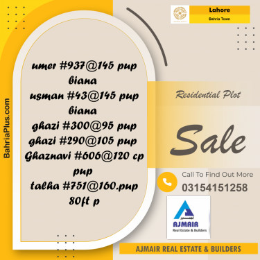 Residential Plot for Sale in Sector B - Umer Block -  Bahria Town, Lahore - (BP-169481)