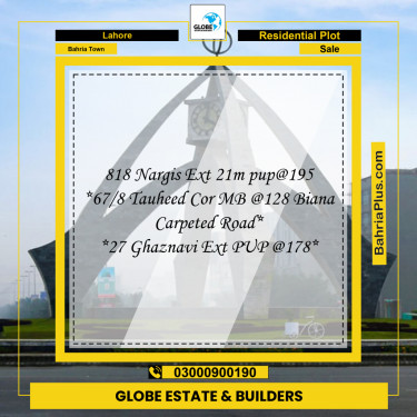 Residential Plot for Sale in Sector C - Nargis/Hussain Ext. -  Bahria Town, Lahore - (BP-169543)