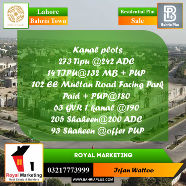 Residential Plot for Sale in Sector F - Tipu Sultan Block -  Bahria Town, Lahore - (BP-169716)