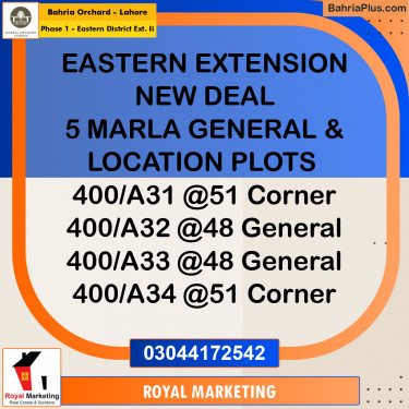 Residential Plot for Sale in Phase 1 - Eastern District Ext. II -  Bahria Orchard, Lahore - (BP-169843)