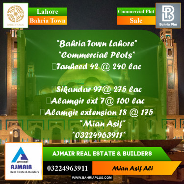 Commercial Plot for Sale in Sector F - Tauheed Commercial -  Bahria Town, Lahore - (BP-170383)