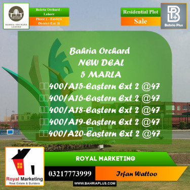 Residential Plot for Sale in Phase 1 - Eastern District Ext. II -  Bahria Orchard, Lahore - (BP-170560)