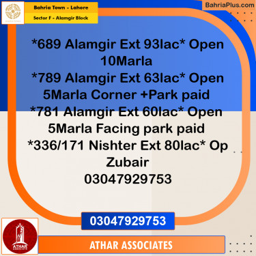 Residential Plot for Sale in Sector F - Alamgir Block -  Bahria Town, Lahore - (BP-170615)