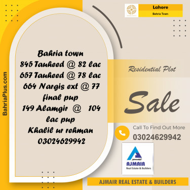 Residential Plot for Sale in Sector F - Tauheed Block -  Bahria Town, Lahore - (BP-170629)
