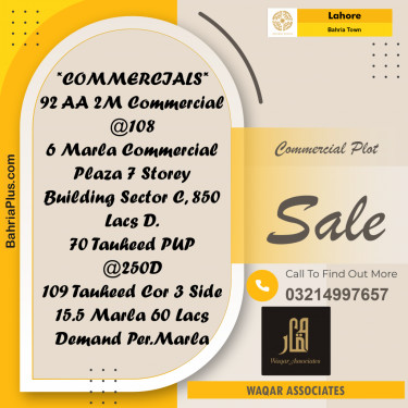 Commercial Plot for Sale in Sector D - AA Block -  Bahria Town, Lahore - (BP-170648)