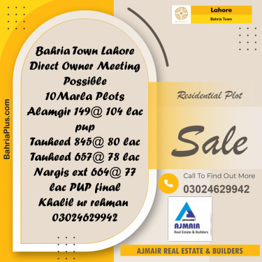 Residential Plot for Sale in Sector F - Tauheed Block -  Bahria Town, Lahore - (BP-171163)