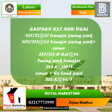 Residential Plot for Sale in Phase 1 - Eastern Ext. Commercial -  Bahria Orchard, Lahore - (BP-171297)