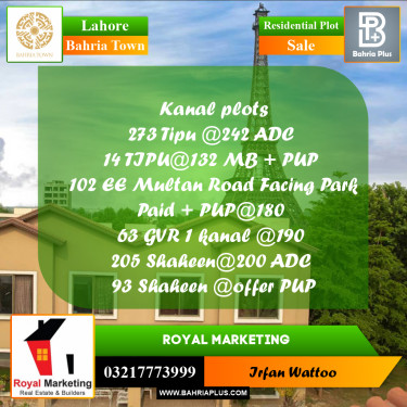 Residential Plot for Sale in Sector F - Tipu Sultan Block -  Bahria Town, Lahore - (BP-171323)