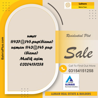 Residential Plot for Sale in Sector B - Umer Block -  Bahria Town, Lahore - (BP-171347)