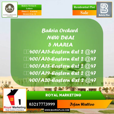 Residential Plot for Sale in Phase 1 - Eastern District Ext. II -  Bahria Orchard, Lahore - (BP-171467)