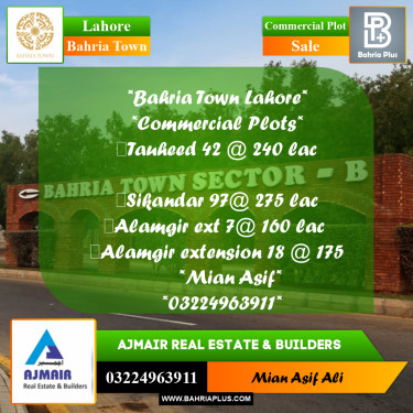 Commercial Plot for Sale in Sector F - Tauheed Block -  Bahria Town, Lahore - (BP-171627)