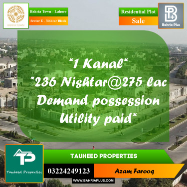 Residential Plot for Sale in Sector E - Nishtar Block -  Bahria Town, Lahore - (BP-171858)