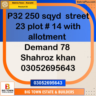 250 Sq. Yards Residential Plot for Sale in Precinct 32 -  Bahria Town, Karachi - (BP-171961)