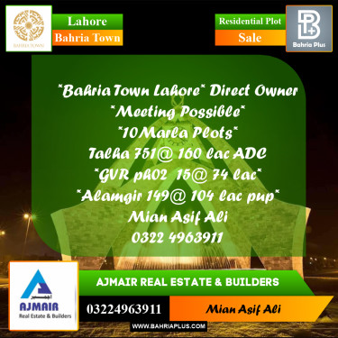 Residential Plot for Sale in Sector F - Talha Block -  Bahria Town, Lahore - (BP-173100)