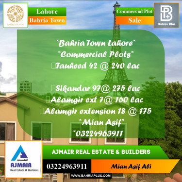 Commercial Plot for Sale in Sector F - Tauheed Block -  Bahria Town, Lahore - (BP-173101)