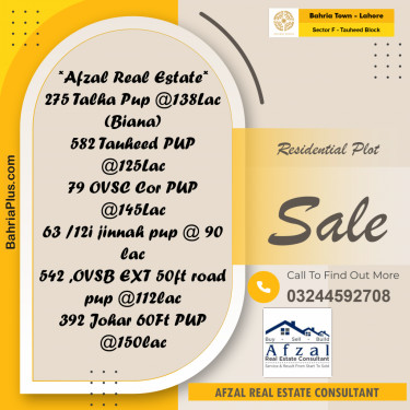 Residential Plot for Sale in Sector F - Tauheed Block -  Bahria Town, Lahore - (BP-173269)