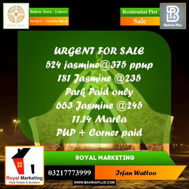 Residential Plot for Sale in Sector C - Jasmine Block -  Bahria Town, Lahore - (BP-173399)