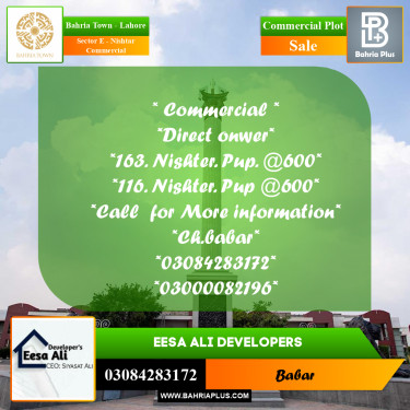 Commercial Plot for Sale in Sector E - Nishtar Commercial -  Bahria Town, Lahore - (BP-173545)
