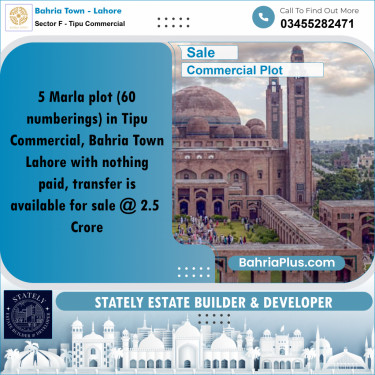 Commercial Plot for Sale in Sector F - Tipu Commercial -  Bahria Town, Lahore - (BP-174077)
