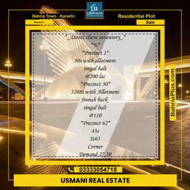 250 Sq. Yards Residential Plot for Sale in Precinct 1 -  Bahria Town, Karachi - (BP-174580)