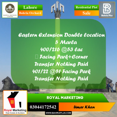 Residential Plot for Sale in Phase 1 - Eastern District Ext. II -  Bahria Orchard, Lahore - (BP-174613)