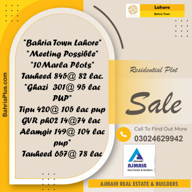 Residential Plot for Sale in Sector F - Tauheed Block -  Bahria Town, Lahore - (BP-174685)