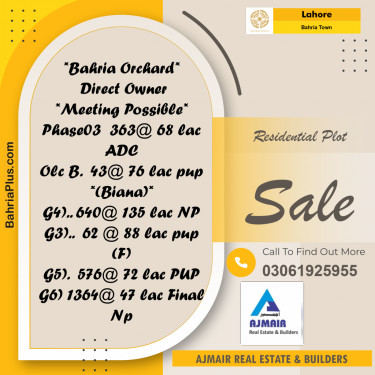 Residential Plot for Sale in Golf Phase 3 -  Bahria Town, Lahore - (BP-174708)