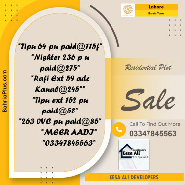 Residential Plot for Sale in Sector F - Tipu Sultan Block -  Bahria Town, Lahore - (BP-174721)