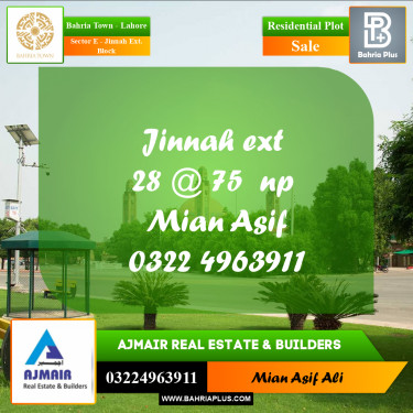 Residential Plot for Sale in Sector E - Jinnah Ext. Block -  Bahria Town, Lahore - (BP-174940)