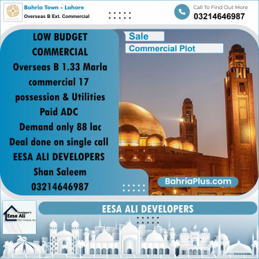 Commercial Plot for Sale in Overseas B Ext. Commercial -  Bahria Town, Lahore - (BP-175525)