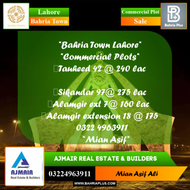 Commercial Plot for Sale in Sector F - Tauheed Commercial -  Bahria Town, Lahore - (BP-175588)