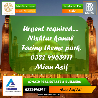 Residential Plot for Sale in Sector E - Nishtar Block -  Bahria Town, Lahore - (BP-175867)