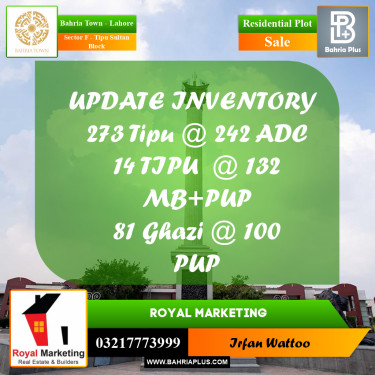 Residential Plot for Sale in Sector F - Tipu Sultan Block -  Bahria Town, Lahore - (BP-176036)