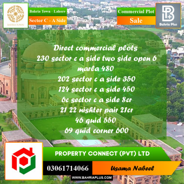 Commercial Plot for Sale in Sector C - A Side -  Bahria Town, Lahore - (BP-176303)