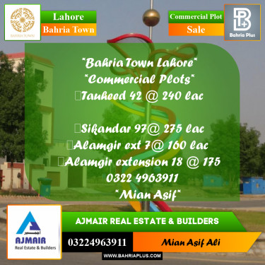 Commercial Plot for Sale in Sector F - Tauheed Block -  Bahria Town, Lahore - (BP-176639)