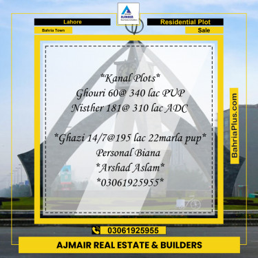 Residential Plot for Sale in Sector B - Ghouri Block -  Bahria Town, Lahore - (BP-177371)