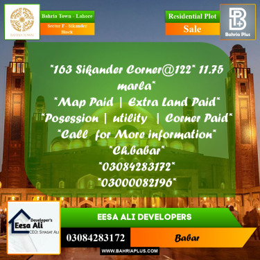 Residential Plot for Sale in Sector F - Sikander Block -  Bahria Town, Lahore - (BP-177397)