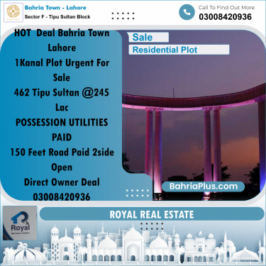 Residential Plot for Sale in Sector F - Tipu Sultan Block -  Bahria Town, Lahore - (BP-177731)