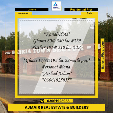 Residential Plot for Sale in Sector B - Ghouri Block -  Bahria Town, Lahore - (BP-177751)