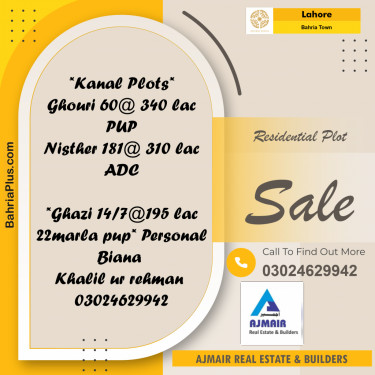 Residential Plot for Sale in Sector E - Nishtar Block -  Bahria Town, Lahore - (BP-178170)