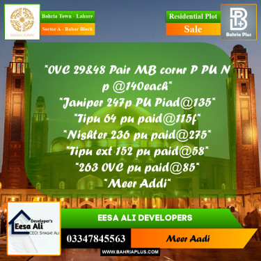 Residential Plot for Sale in Sector A - Babar Block -  Bahria Town, Lahore - (BP-178769)