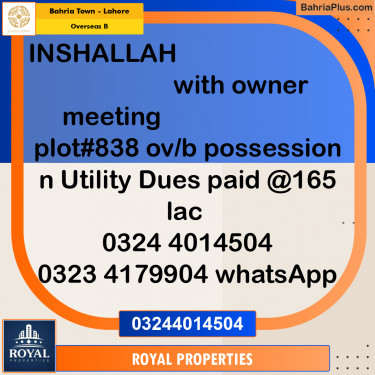 Residential Plot for Sale in Overseas B -  Bahria Town, Lahore - (BP-179061)