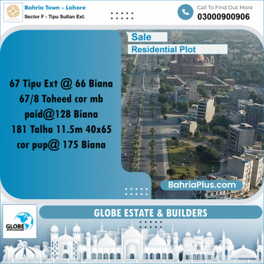 Residential Plot for Sale in Sector F - Tipu Sultan Ext. -  Bahria Town, Lahore - (BP-179727)
