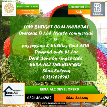 Commercial Plot for Sale in Overseas B Ext. Commercial -  Bahria Town, Lahore - (BP-179770)