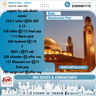 Residential Plot for Sale in Sector B - Safari Villas -  Bahria Town, Lahore - (BP-180113)