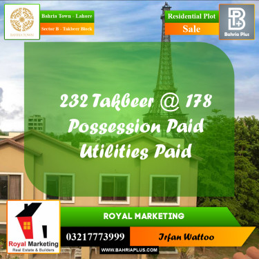 Residential Plot for Sale in Sector B - Takbeer Block -  Bahria Town, Lahore - (BP-180497)