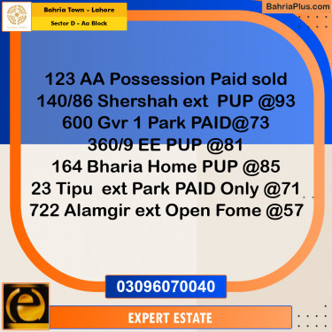 Residential Plot for Sale in Sector D - AA Block -  Bahria Town, Lahore - (BP-180734)