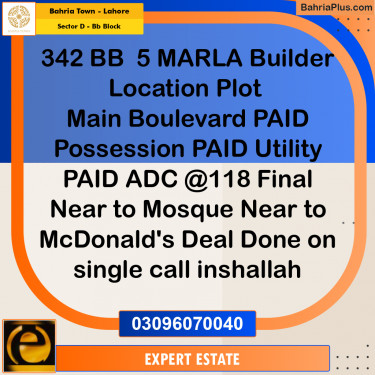 Residential Plot for Sale in Sector D - BB Block -  Bahria Town, Lahore - (BP-180745)